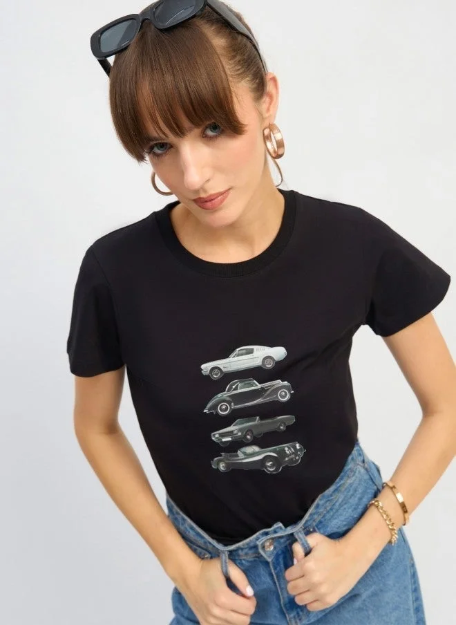 SASSAFRAS Black Graphic Print T-Shirt for Women